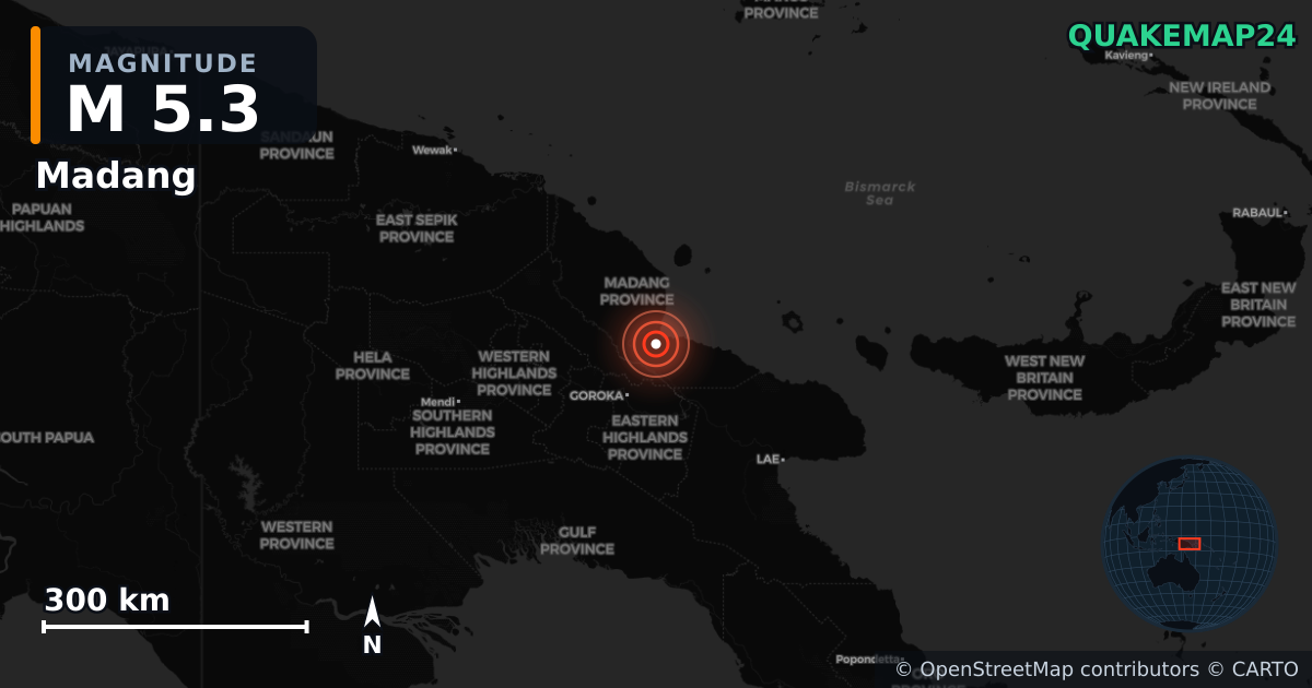 M5.3 earthquake near Madang on Nov 12, 2025 — map of epicenter and shaking intensity | QuakeMap24