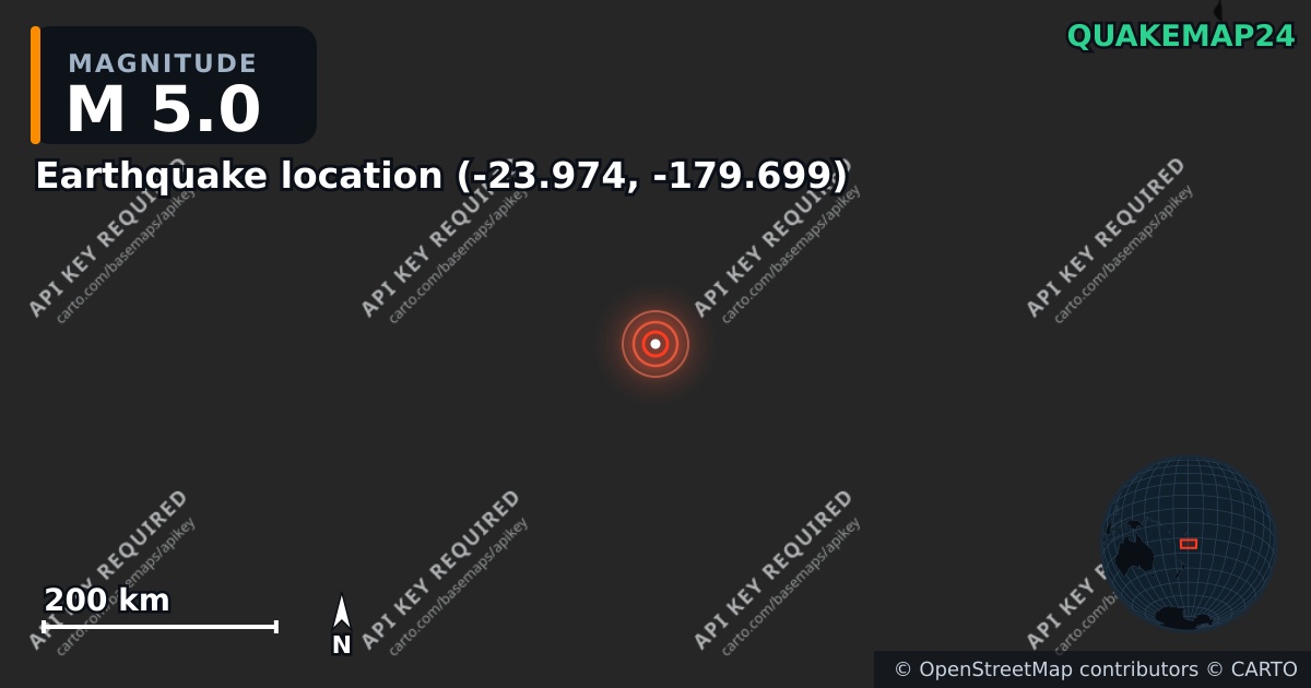 M5.0 earthquake near Τοποθεσία σεισμού (-23.974, -179.699) on Mar 1, 2026 — map of epicenter and shaking intensity | QuakeMap24