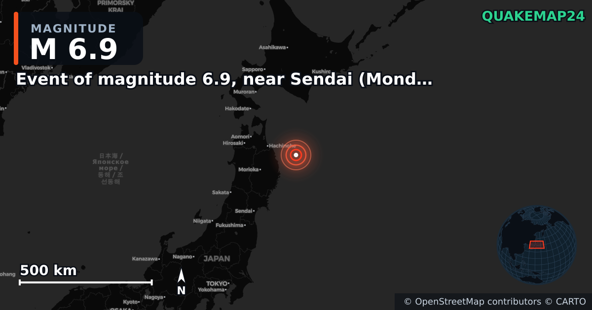 M6.9 earthquake near Event of magnitude 6.9, near Sendai (Monde) on Apr 20, 2026 — map of epicenter and shaking intensity | QuakeMap24