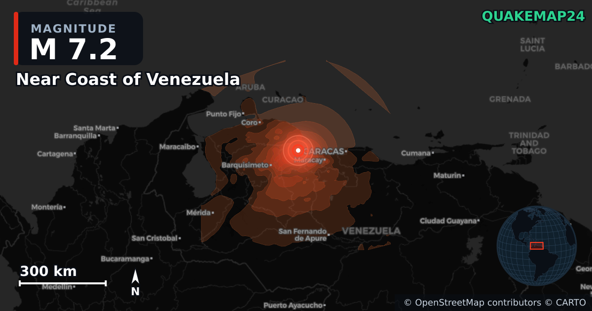 M7.2 earthquake near Near Coast of Venezuela on Jun 24, 2026 — map of epicenter and shaking intensity | QuakeMap24