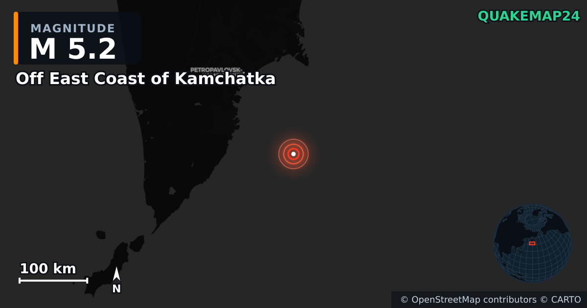 M5.2 earthquake near Off East Coast of Kamchatka on Mar 1, 2026 — map of epicenter and shaking intensity | QuakeMap24