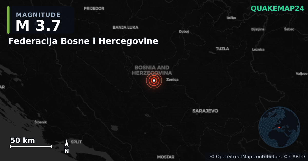 M3.7 earthquake near Federacija Bosne i Hercegovine on Oct 2, 2025 — map of epicenter and shaking intensity | QuakeMap24