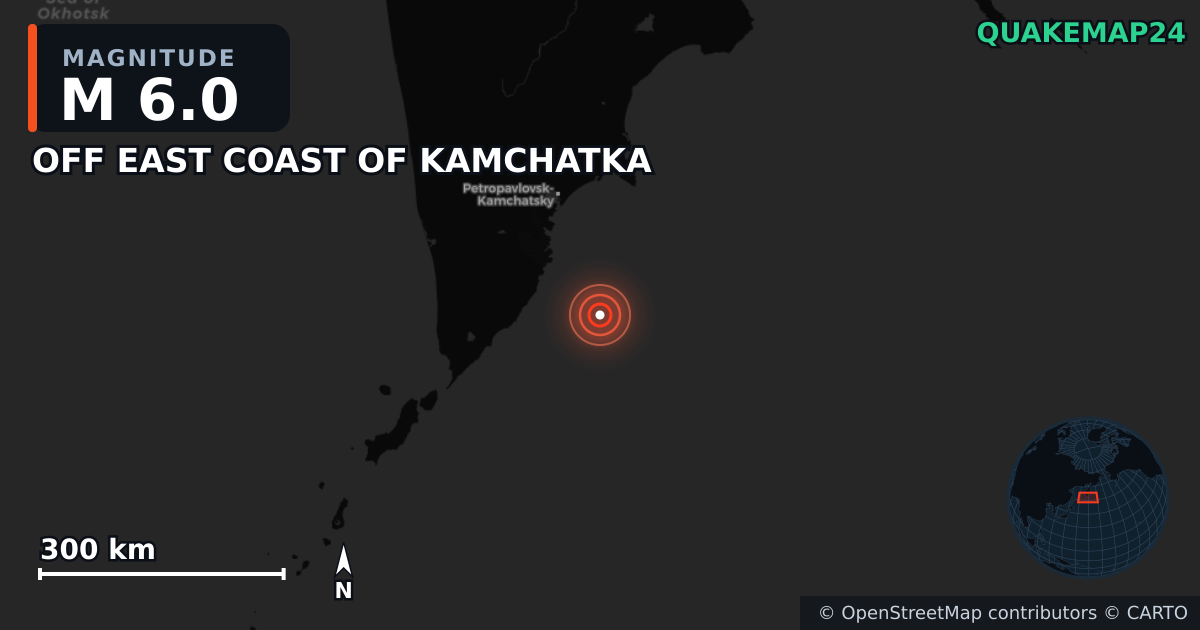 M6.0 earthquake near OFF EAST COAST OF KAMCHATKA on Jul 30, 2025 — map of epicenter and shaking intensity | QuakeMap24