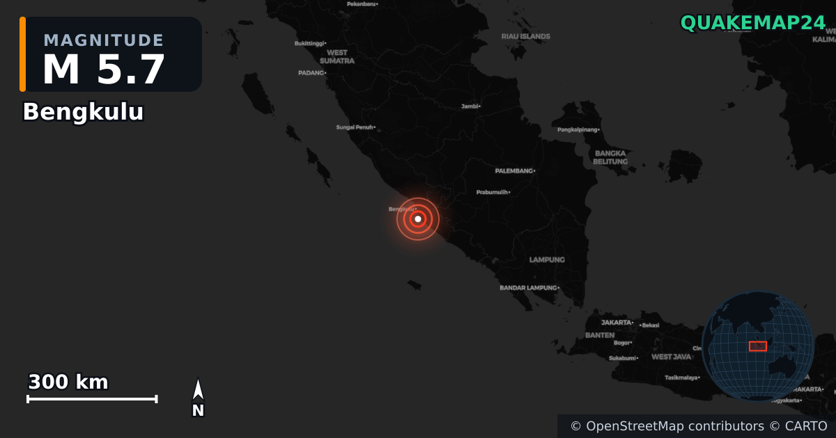 M5.7 earthquake near Bengkulu on May 22, 2025 — map of epicenter and shaking intensity | QuakeMap24