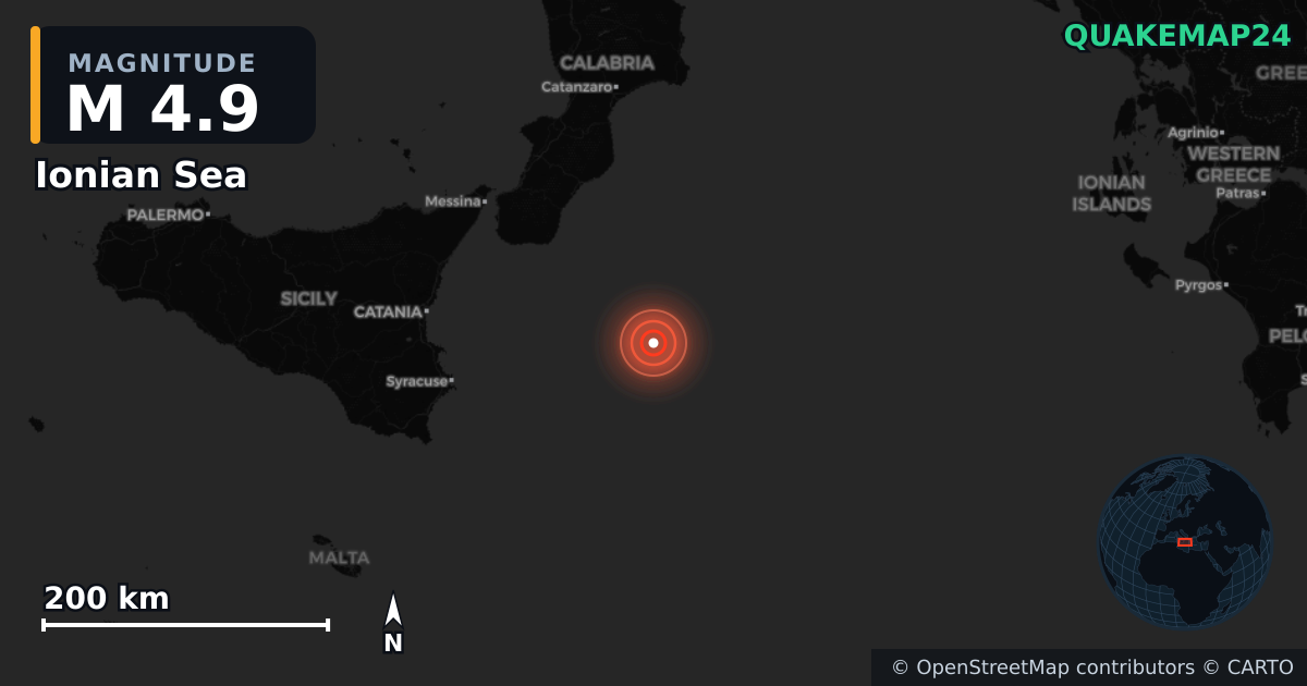 M4.9 earthquake near Ionian Sea on Jan 10, 2026 — map of epicenter and shaking intensity | QuakeMap24