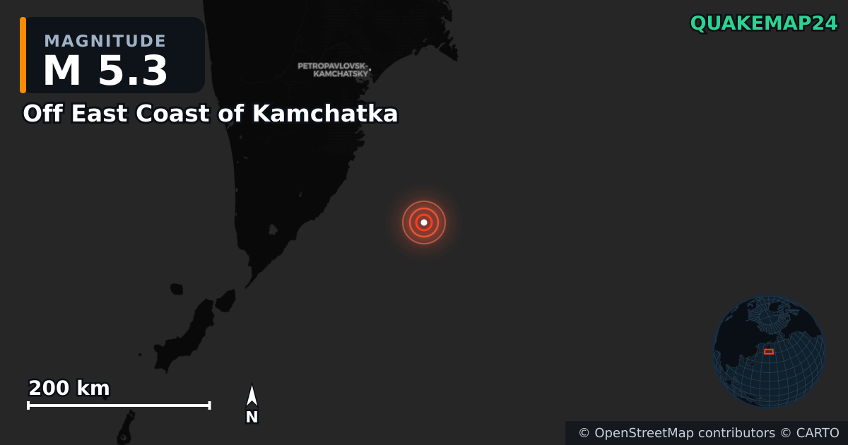 M5.3 earthquake near Off East Coast of Kamchatka on Jul 31, 2025 — map of epicenter and shaking intensity | QuakeMap24