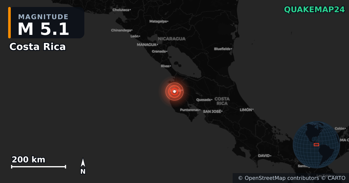 Costa Rica yakınında M5,1 deprem — Deprem merkez üssünün konumunu gösteren harita