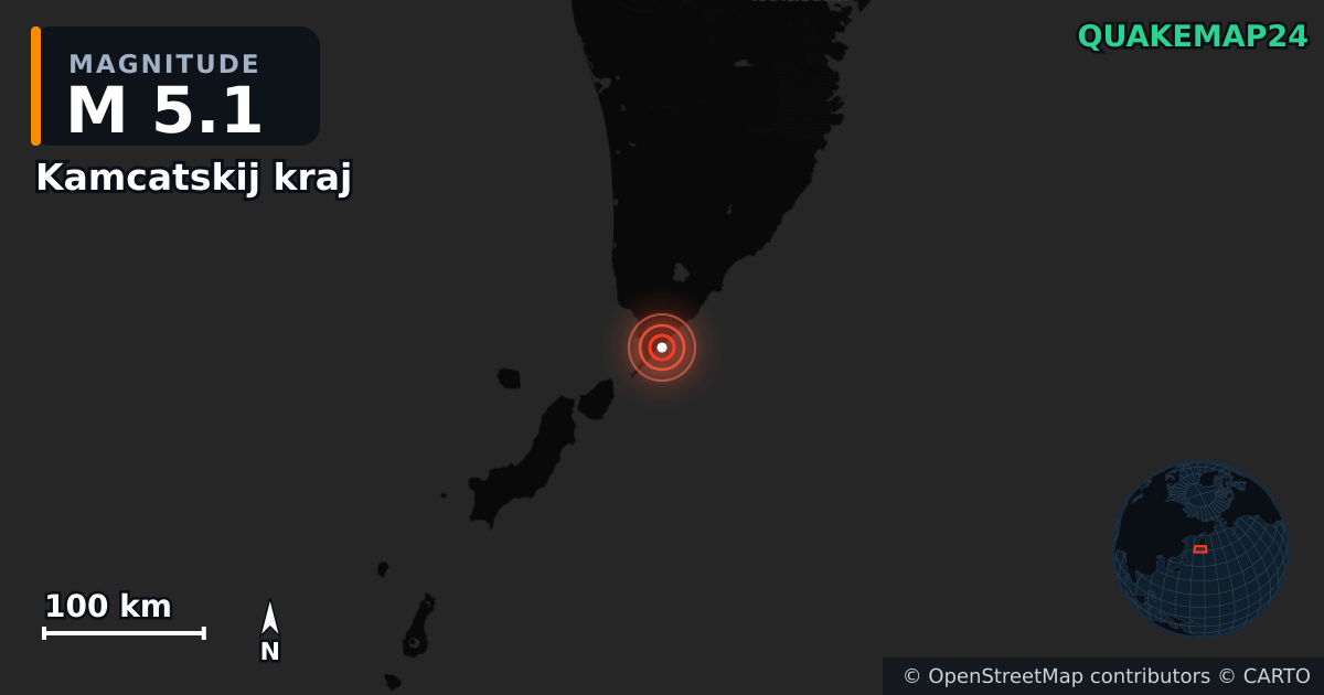 M5.1 earthquake near Kamcatskij kraj on May 1, 2026 — map of epicenter and shaking intensity | QuakeMap24
