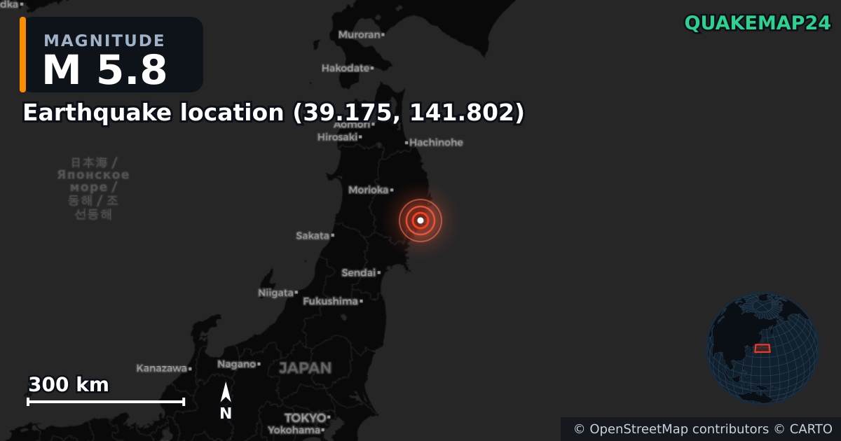 M5.8 earthquake near Deprem konumu (39.175, 141.802) on Dec 31, 2025 — map of epicenter and shaking intensity | QuakeMap24