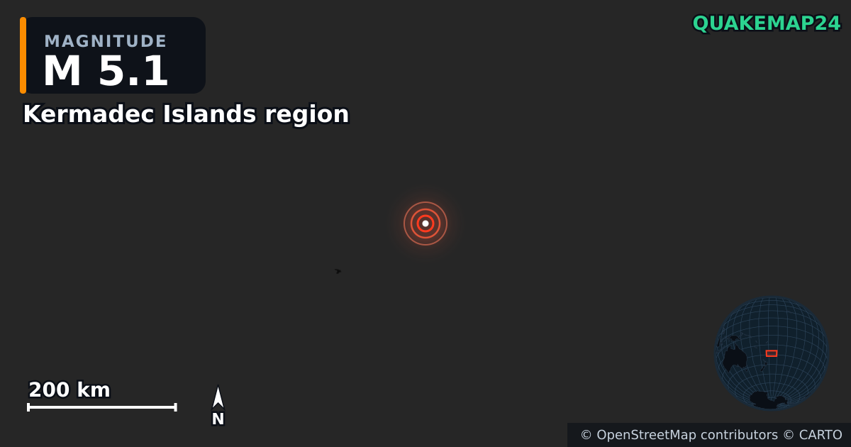 M5.1 earthquake near Kermadec Islands region on Jul 29, 2026 — map of epicenter and shaking intensity | QuakeMap24