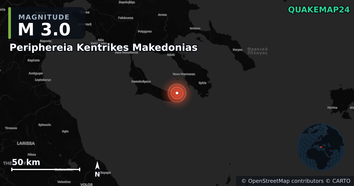 M3.0 earthquake near Periphereia Kentrikes Makedonias on Dec 13, 2025 — map of epicenter and shaking intensity | QuakeMap24