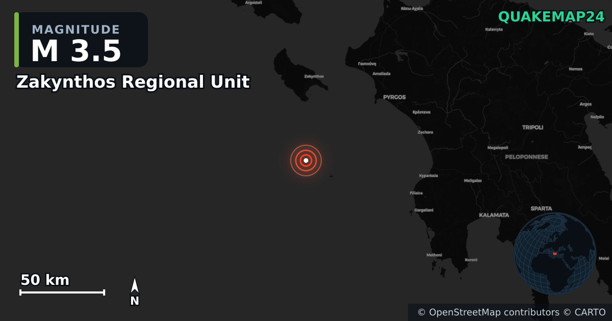M3.5 earthquake near Zakynthos Regional Unit on Aug 3, 2026 — map of epicenter and shaking intensity | QuakeMap24