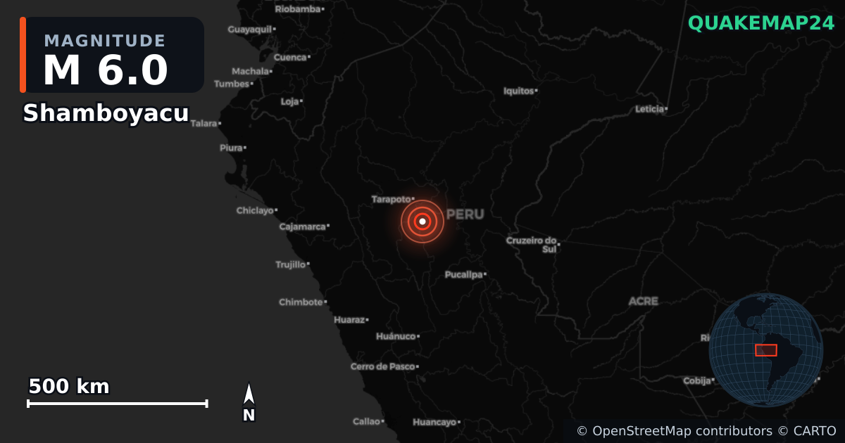 M6.0 earthquake near Shamboyacu on Apr 1, 2026 — map of epicenter and shaking intensity | QuakeMap24