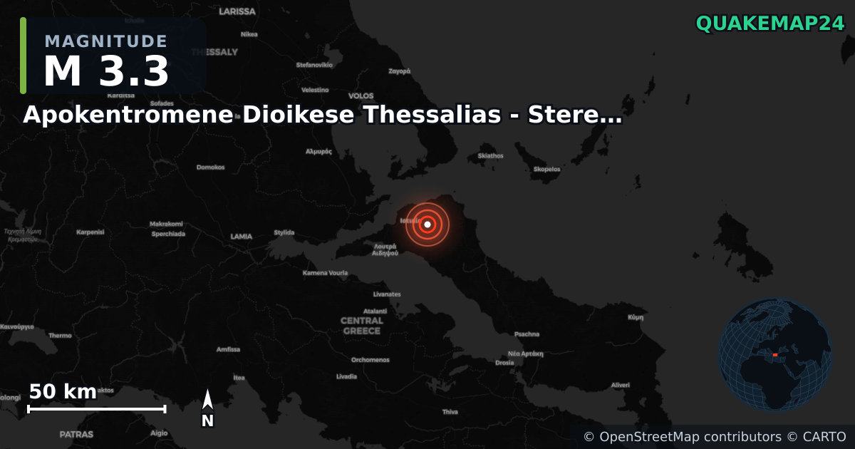 M3.3 earthquake near Apokentromene Dioikese Thessalias - Stereas Ellados on Jul 30, 2025 — map of epicenter and shaking intensity | QuakeMap24