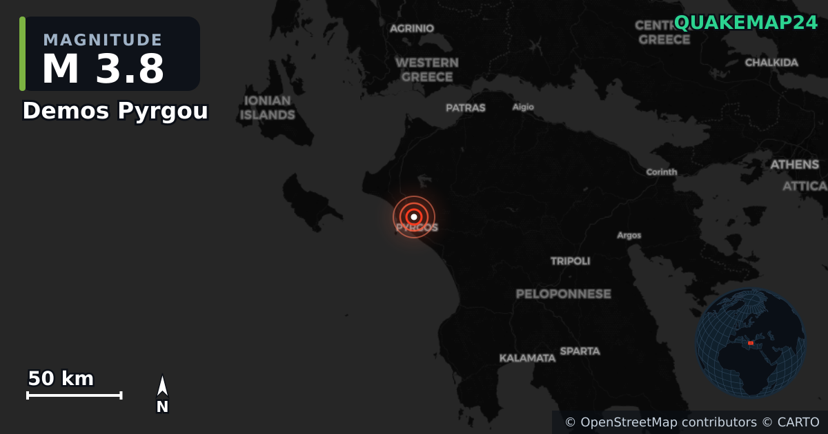 M3.8 earthquake near Demos Pyrgou on Jan 25, 2026 — map of epicenter and shaking intensity | QuakeMap24