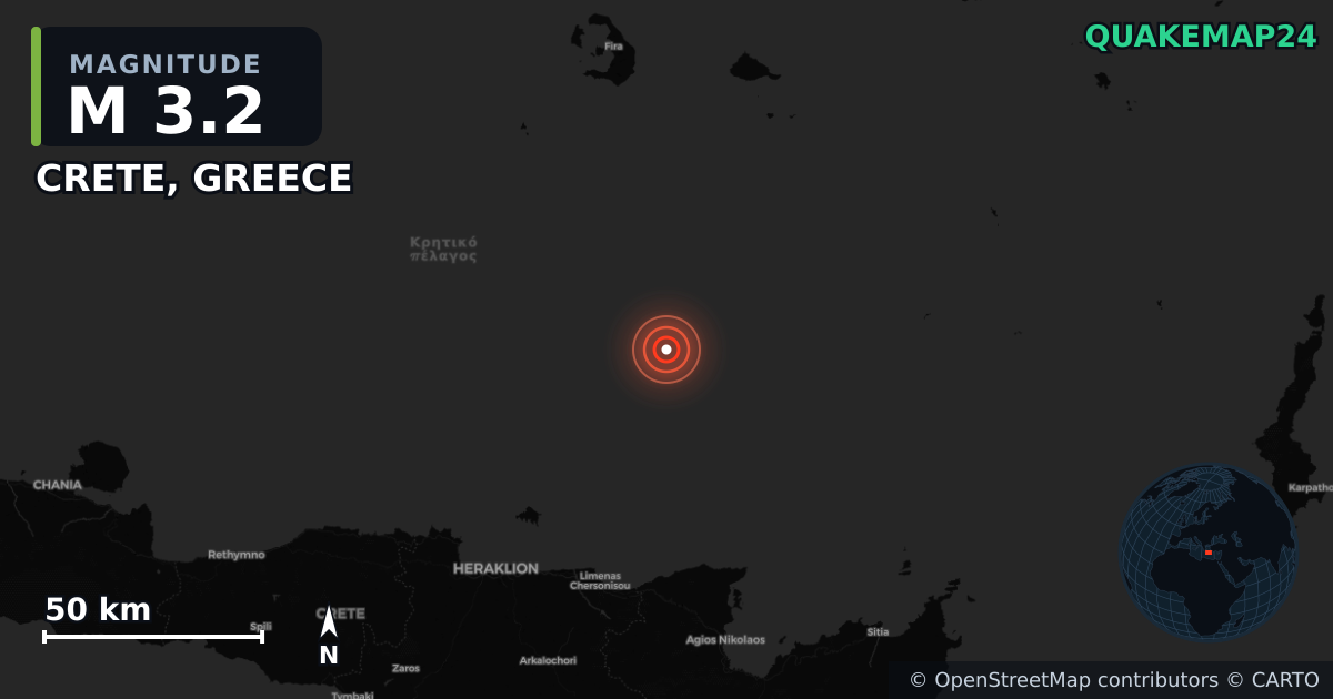 M3.2 earthquake near CRETE, GREECE on May 19, 2025 — map of epicenter and shaking intensity | QuakeMap24