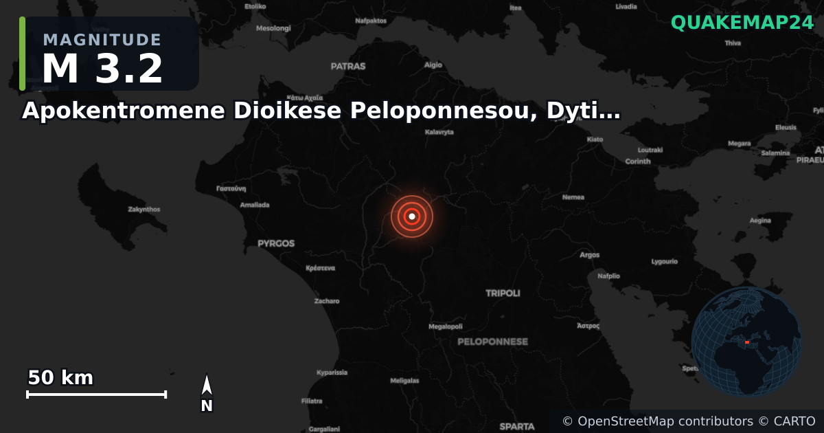 M3.2 earthquake near Apokentromene Dioikese Peloponnesou, Dytikes Elladas kai Ioniou on Oct 28, 2025 — map of epicenter and shaking intensity | QuakeMap24