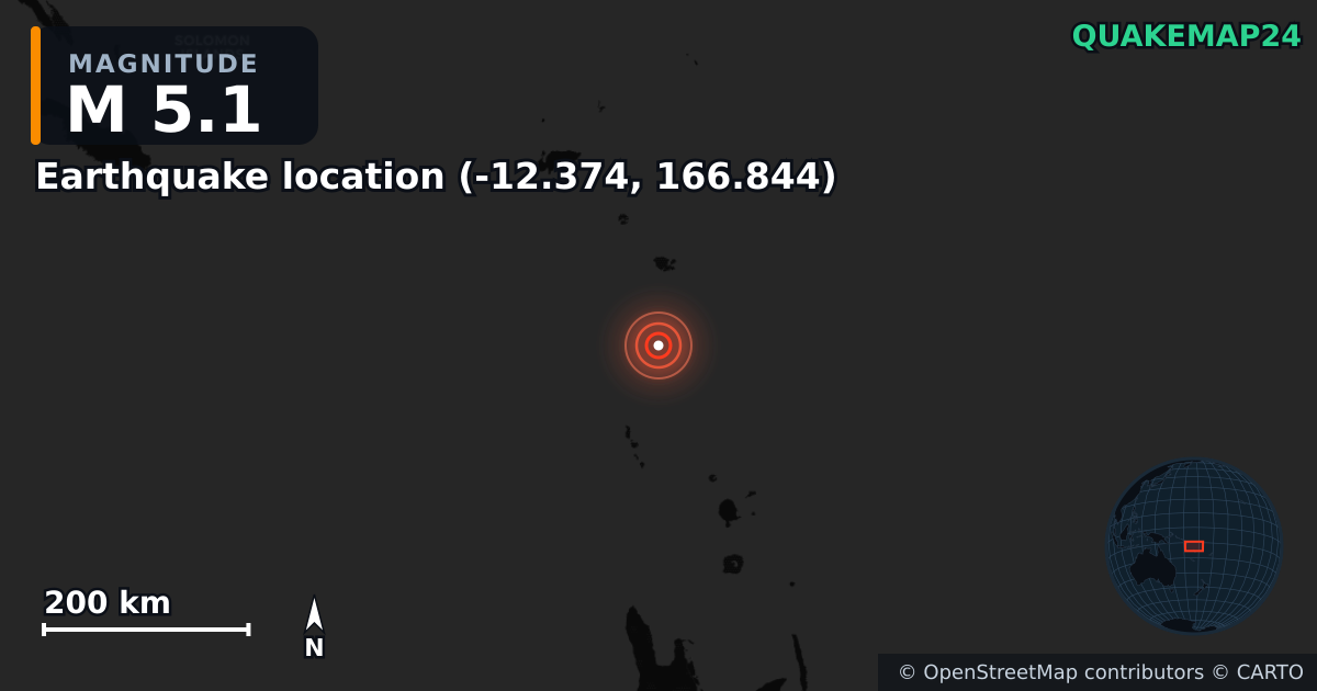 M5.1 earthquake near Deprem konumu (-12.374, 166.844) on May 9, 2025 — map of epicenter and shaking intensity | QuakeMap24