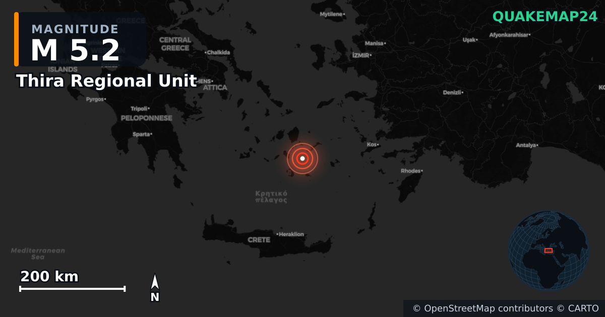 M5.2 earthquake near Thira Regional Unit on Feb 10, 2025 — map of epicenter and shaking intensity | QuakeMap24