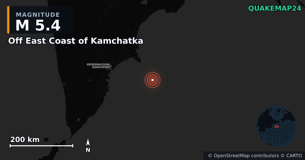 M5.4 earthquake near Off East Coast of Kamchatka on Jun 10, 2026 — map of epicenter and shaking intensity | QuakeMap24