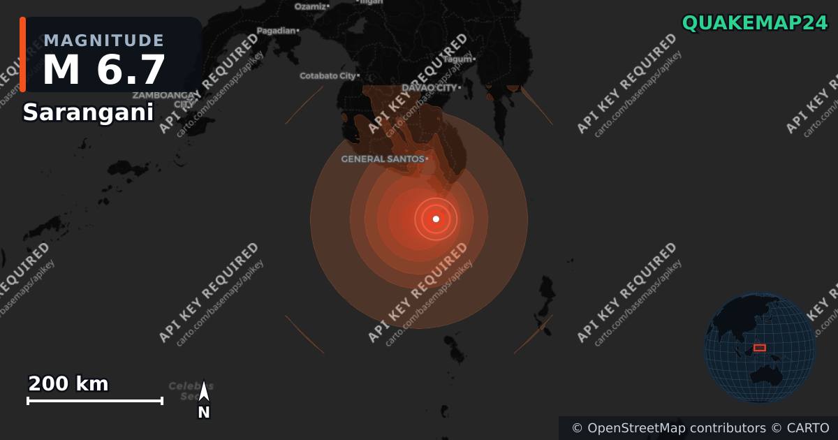 M6.7 earthquake near Sarangani on Jun 26, 2026 — map of epicenter and shaking intensity | QuakeMap24