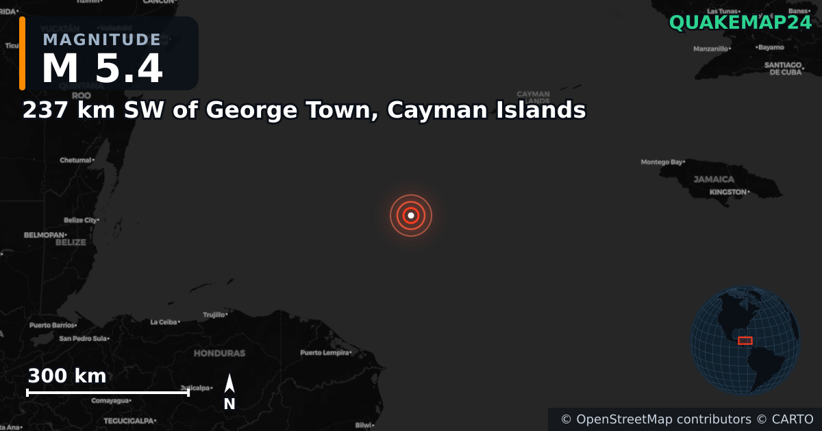 M5.4 earthquake near 237 km SW of George Town, Cayman Islands on Feb 24, 2025 — map of epicenter and shaking intensity | QuakeMap24