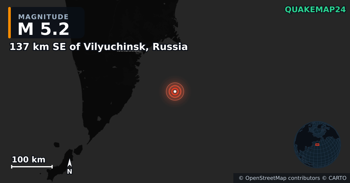 M5.2 earthquake near 137 km SE of Vilyuchinsk, Russia on Sep 12, 2025 — map of epicenter and shaking intensity | QuakeMap24