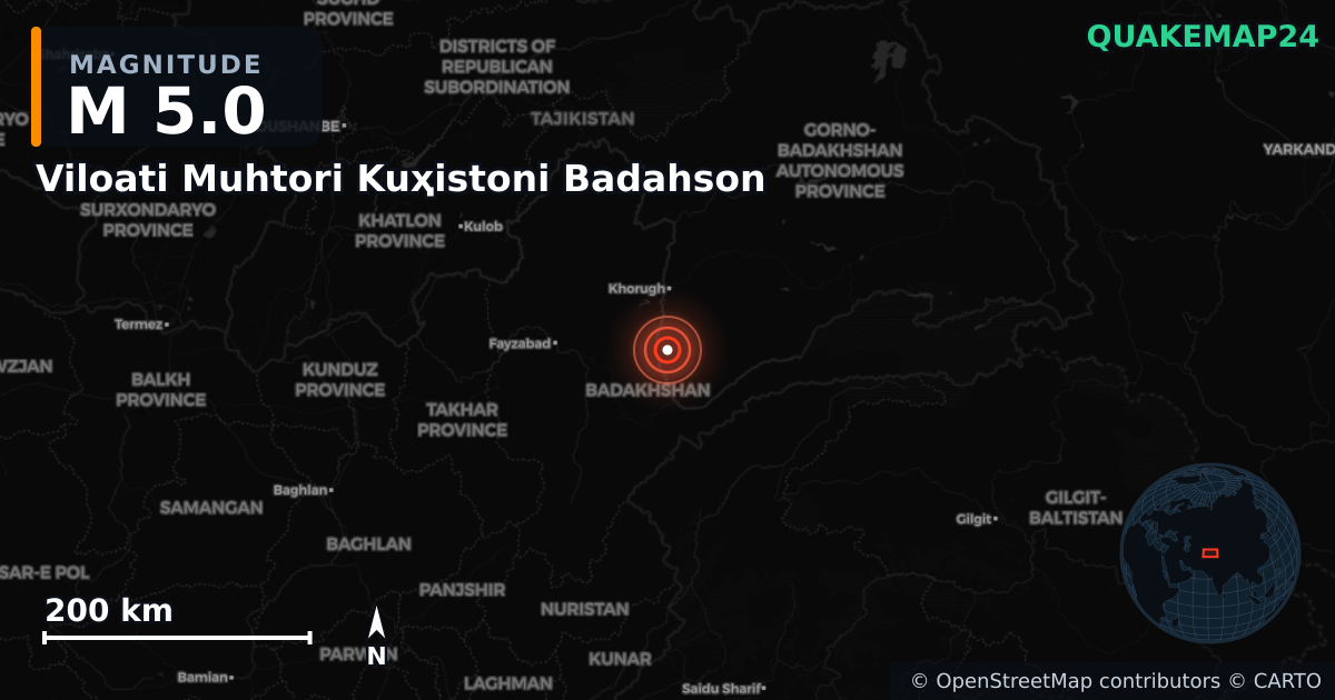 M5.0 earthquake near Viloati Muhtori Kuҳistoni Badahson on Aug 16, 2025 — map of epicenter and shaking intensity | QuakeMap24