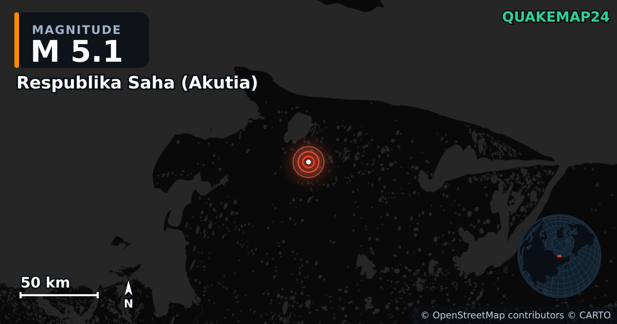 M5.1 earthquake near Respublika Saha (Akutia) on Jun 28, 2025 — map of epicenter and shaking intensity | QuakeMap24