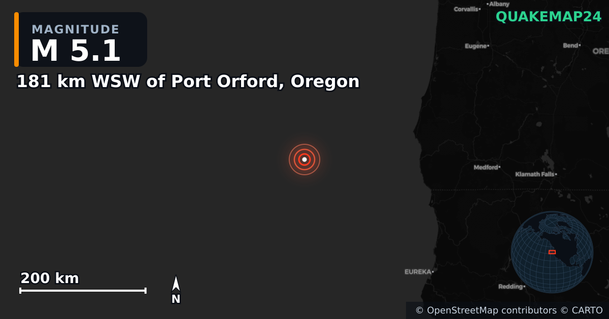 M5.1 earthquake near 181 km WSW of Port Orford, Oregon on Sep 9, 2025 — map of epicenter and shaking intensity | QuakeMap24