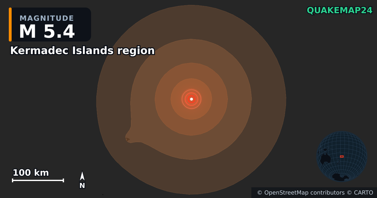 Erdbeben M5,4 bei Kermadec Islands region — Karte der Lage des Epizentrums