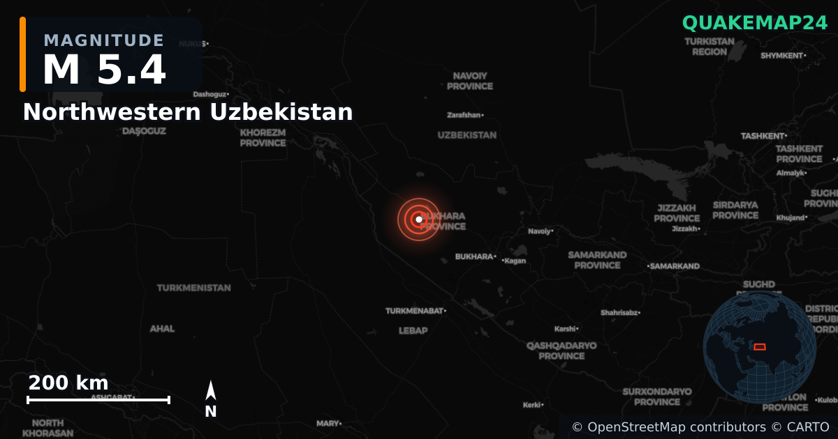 M5.4 earthquake near Northwestern Uzbekistan on May 19, 2026 — map of epicenter and shaking intensity | QuakeMap24