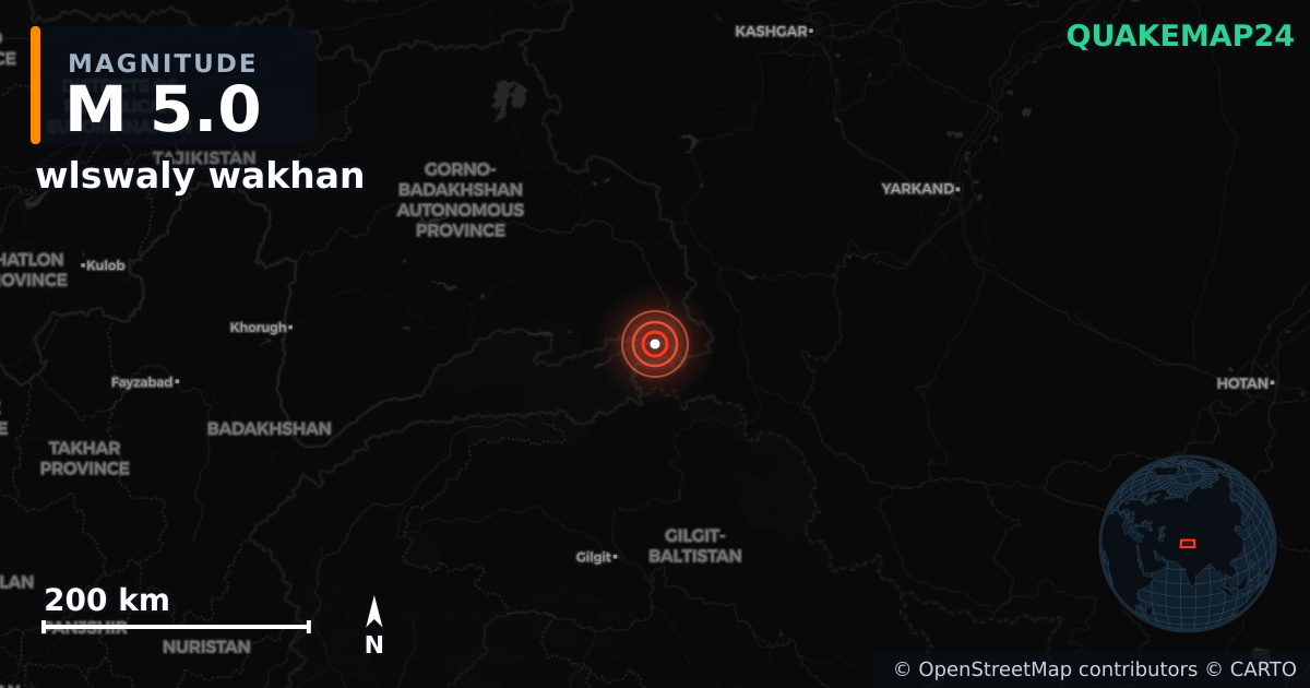 M5.0 earthquake near wlswaly wakhan on Jan 6, 2026 — map of epicenter and shaking intensity | QuakeMap24