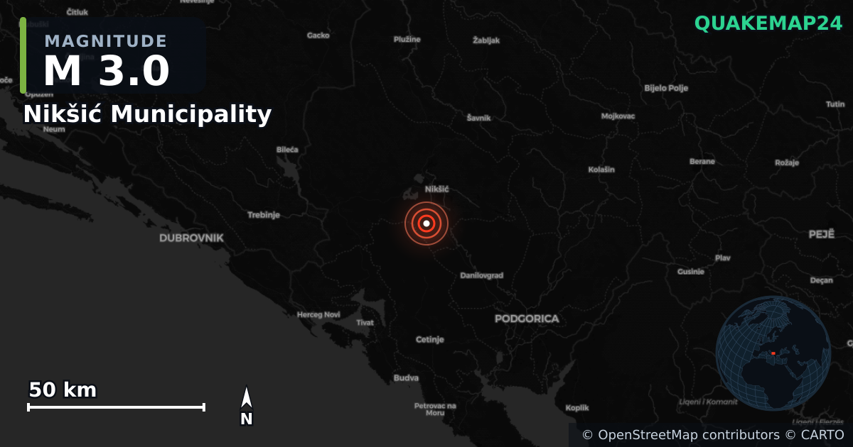M3.0 Earthquake near Nikšić Municipality (Montenegro) · 2026-09-24 — Map showing the location of the epicenter