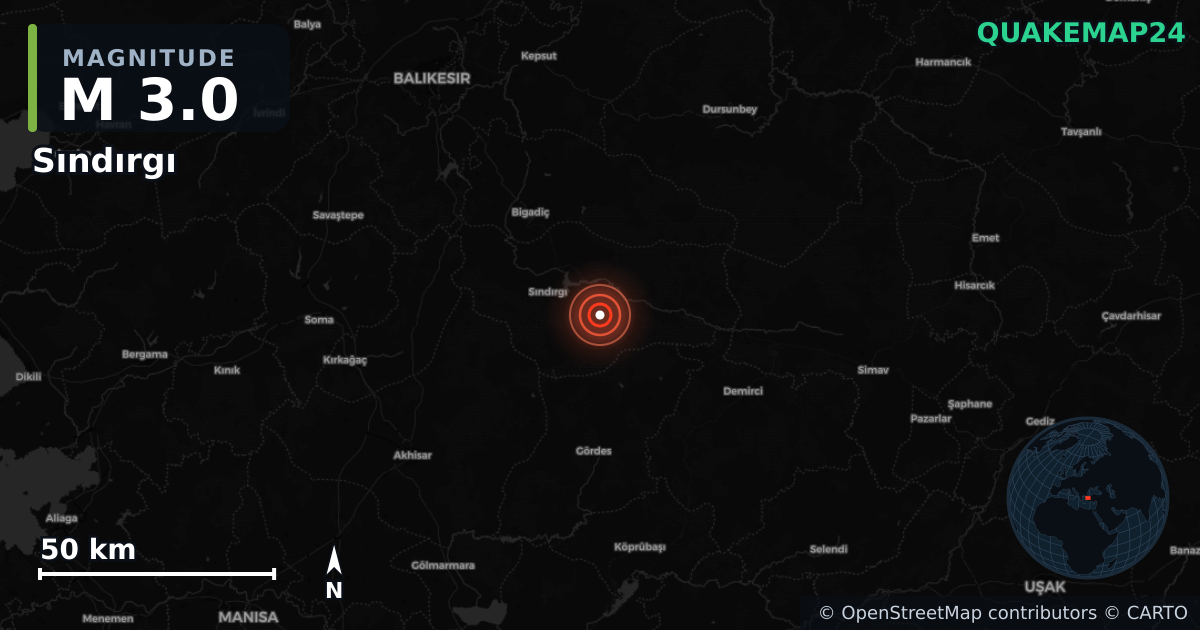 M3.0 earthquake near Sındırgı on Dec 11, 2025 — map of epicenter and shaking intensity | QuakeMap24