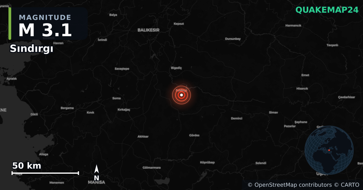 M3.1 earthquake near Sındırgı on Aug 29, 2025 — map of epicenter and shaking intensity | QuakeMap24