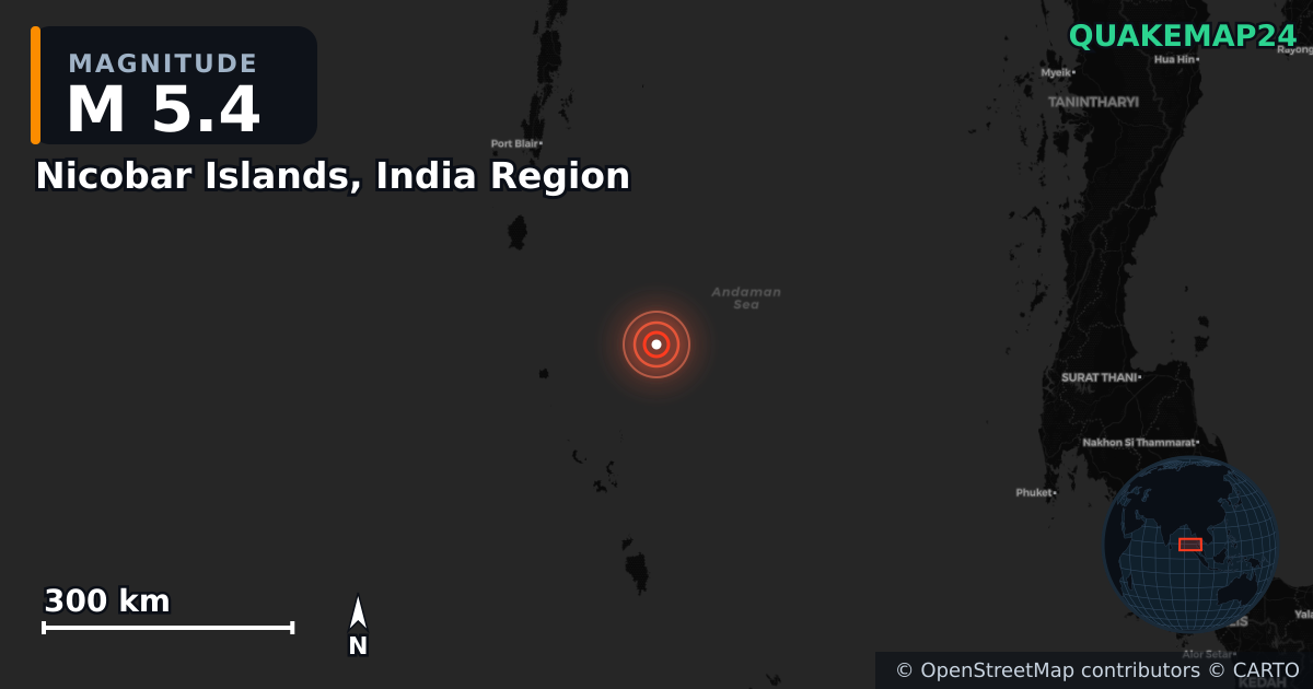 Nicobar Islands, India Region yakınında M5,4 deprem · 2025-06-25 — Deprem merkez üssünün konumunu gösteren harita