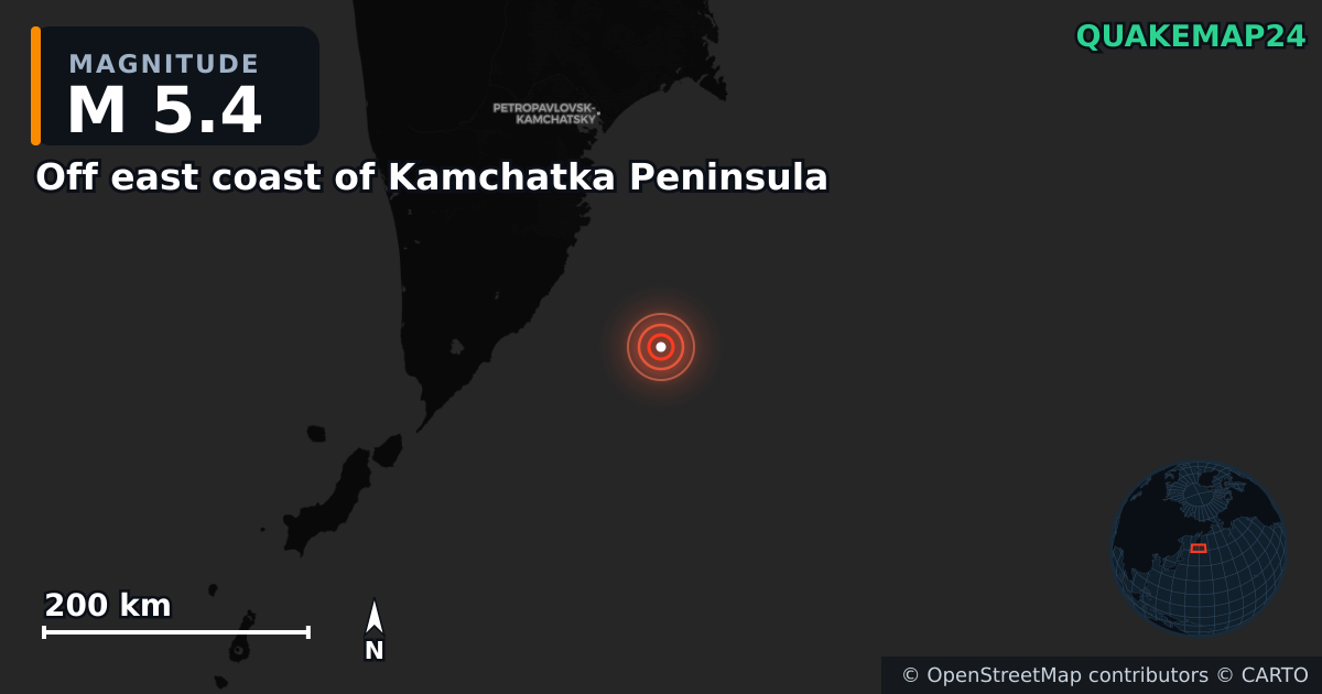 M5.4 earthquake near Off east coast of Kamchatka Peninsula on Jan 28, 2026 — map of epicenter and shaking intensity | QuakeMap24