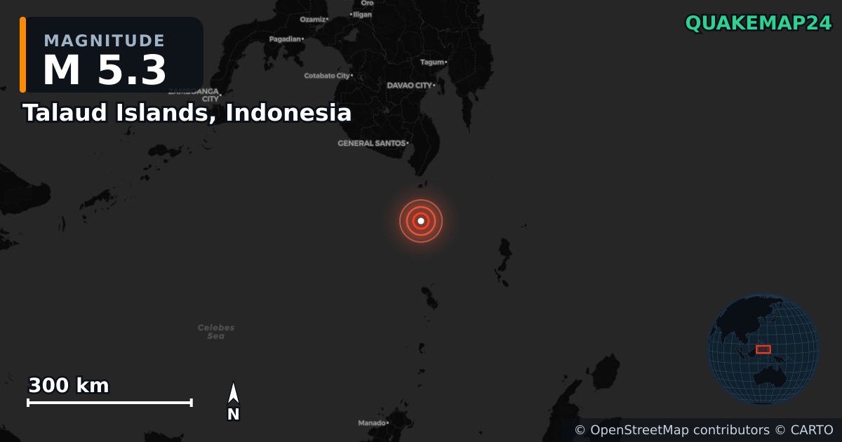 M5.3 earthquake near Talaud Islands, Indonesia on Jun 11, 2026 — map of epicenter and shaking intensity | QuakeMap24