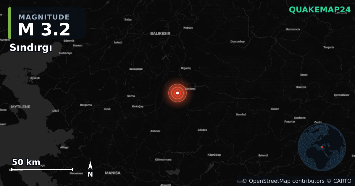 M3.2 earthquake near Sındırgı on Aug 10, 2025 — map of epicenter and shaking intensity | QuakeMap24