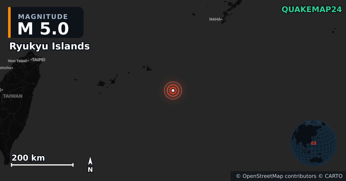 Ryukyu Islands yakınında M5,0 deprem — Deprem merkez üssünün konumunu gösteren harita