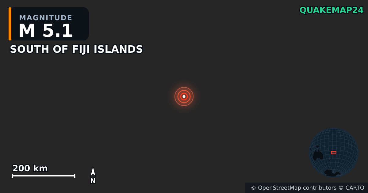 M5.1 earthquake near SOUTH OF FIJI ISLANDS on Jun 22, 2025 — map of epicenter and shaking intensity | QuakeMap24