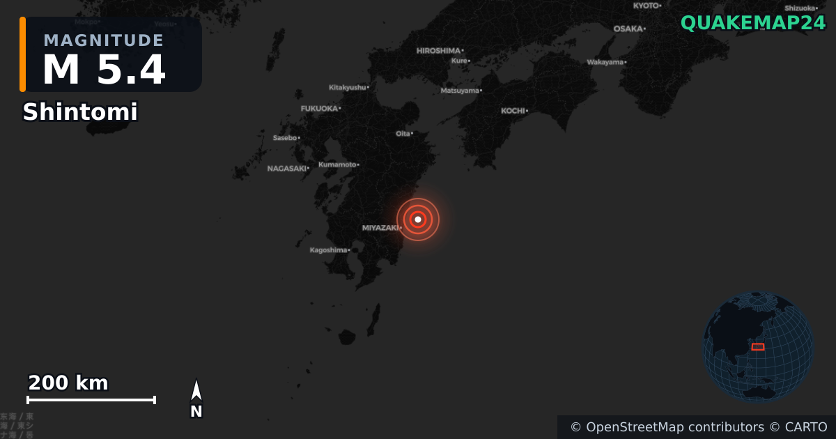 M5.4 earthquake near Shintomi on Aug 16, 2025 — map of epicenter and shaking intensity | QuakeMap24