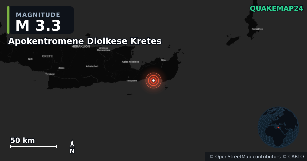 M3.3 earthquake near Apokentromene Dioikese Kretes on May 25, 2025 — map of epicenter and shaking intensity | QuakeMap24