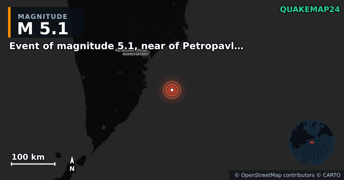 M5.1 earthquake near Event of magnitude 5.1, near of Petropavlovsk Kamchatskiy (Monde) on Nov 19, 2025 — map of epicenter and shaking intensity | QuakeMap24