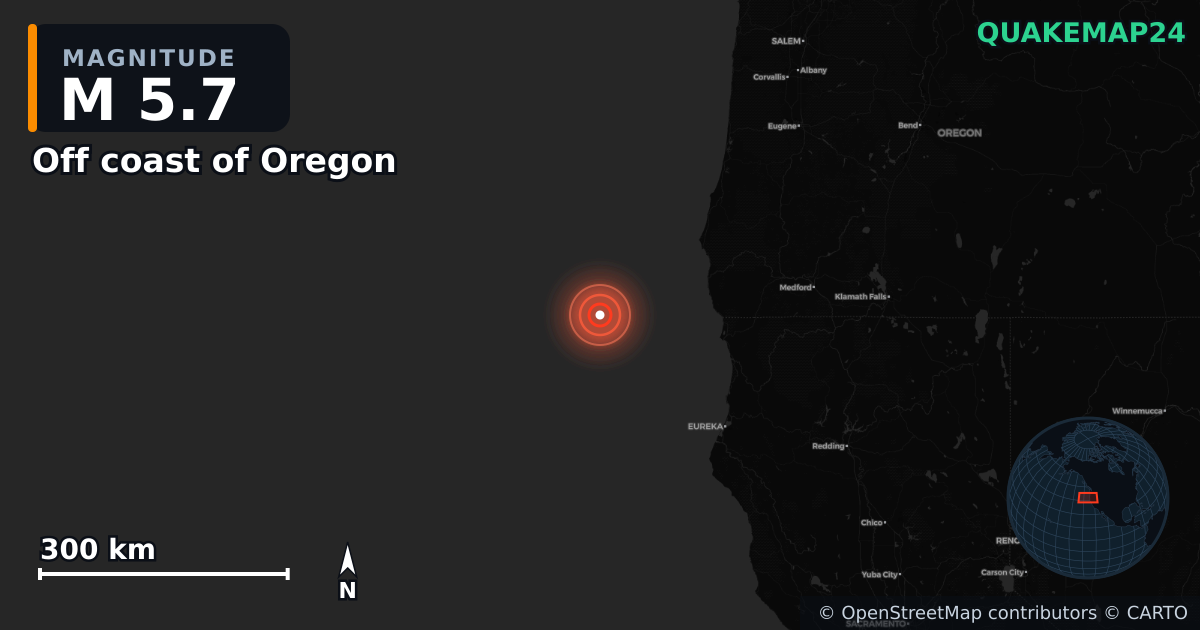 M5.7 earthquake near Off coast of Oregon on Jun 3, 2026 — map of epicenter and shaking intensity | QuakeMap24