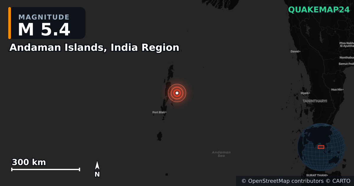 M5.4 earthquake near Andaman Islands, India Region on Nov 9, 2025 — map of epicenter and shaking intensity | QuakeMap24