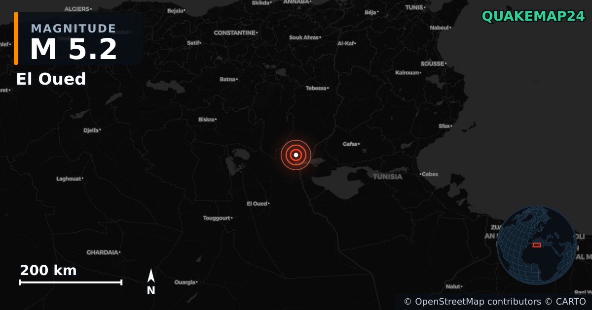 M5.2 earthquake near El Oued on Aug 17, 2025 — map of epicenter and shaking intensity | QuakeMap24
