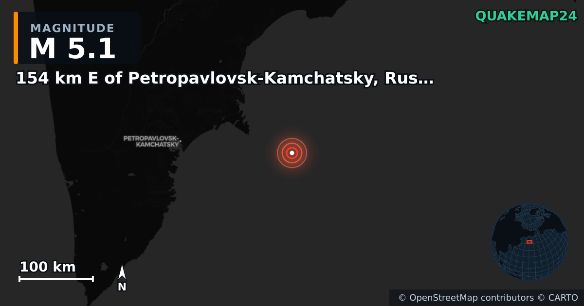 154 km E of Petropavlovsk-Kamchatsky, Russia yakınında M5,1 deprem — Deprem merkez üssünün konumunu gösteren harita