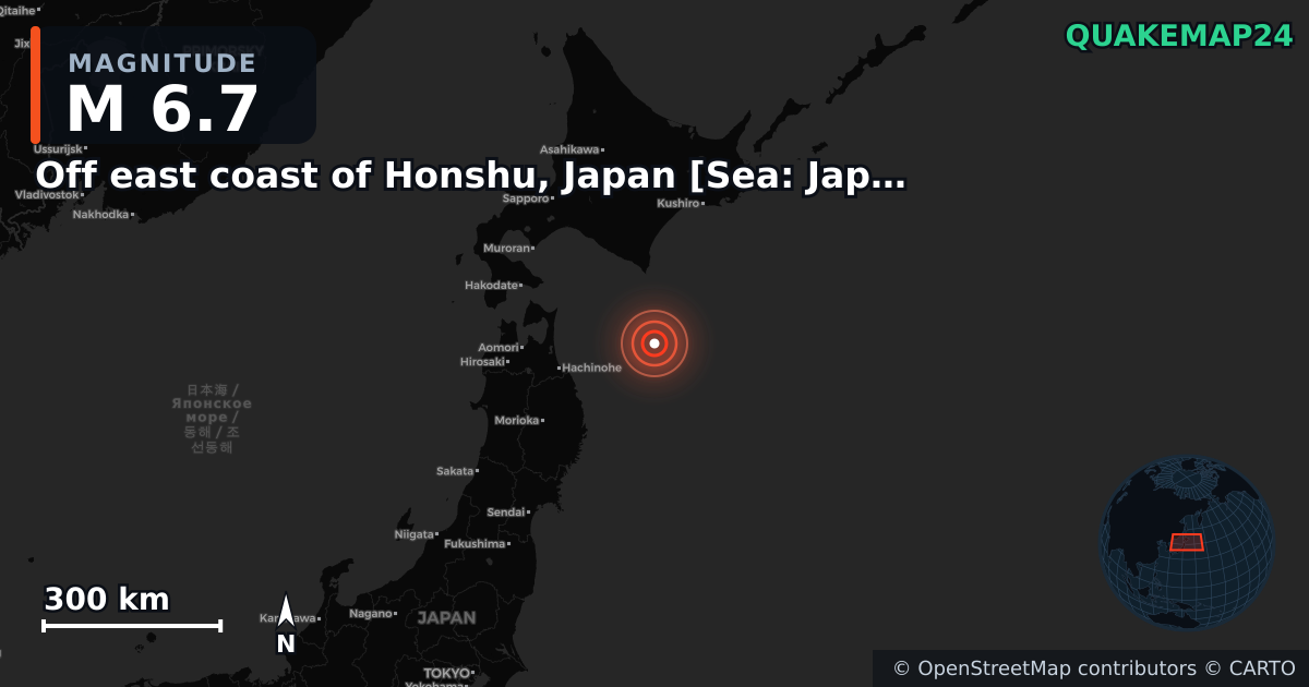 M6.7 earthquake near Off east coast of Honshu, Japan [Sea: Japan] on Dec 8, 2025 — map of epicenter and shaking intensity | QuakeMap24